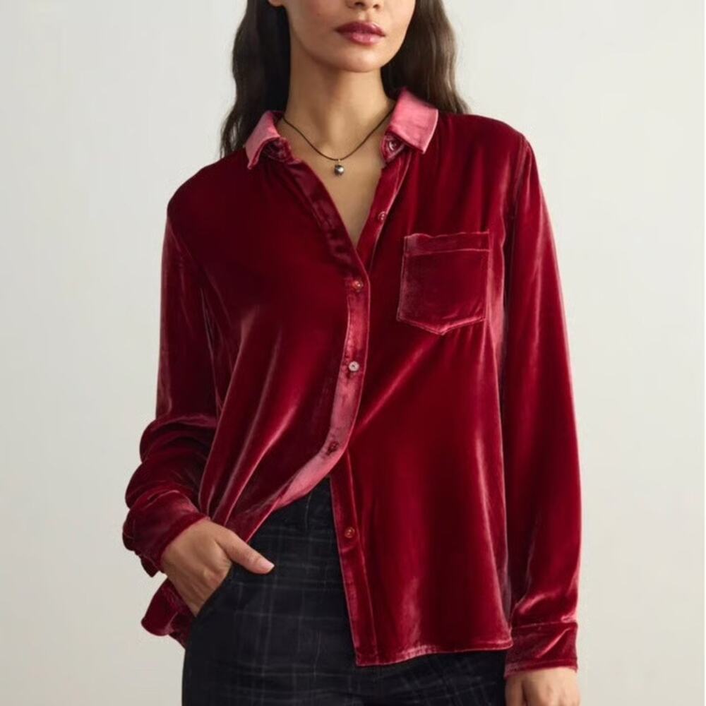 Adriano Goldschmeid Red Velvet Button-Up Long Sleeve Shirt - S